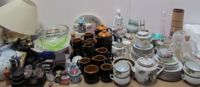 A large lot including a Japanese part tea set together with a glass decanter, glass vases,