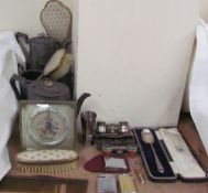 A cased silver spoon together with lighters, part dressing table set,
