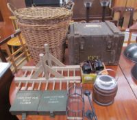 A pair of WWII cases for radio valves together with wooden rake heads, binoculars, biscuit barrel,