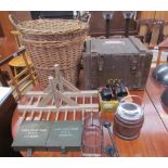 A pair of WWII cases for radio valves together with wooden rake heads, binoculars, biscuit barrel,