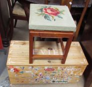 A Chinese hardwood stool together with a pine toy trunk