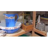 Pottery jug and basin sets together with a brass scales, electroplated and glass boxes and covers,