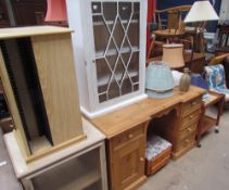 A pine dressing table together with a hifi cabinet, a CD rack, a white painted wall mounted cabinet,
