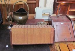 An Edwardian mahogany coal purdonium together with a brass coal scuttle, brass chestnut basket,