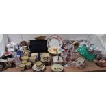 A Motto ware part tea set together with other part tea sets, scales, jugs, figures, sauce pan stand,