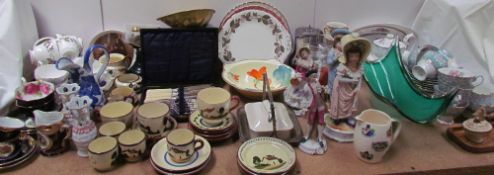 A Motto ware part tea set together with other part tea sets, scales, jugs, figures, sauce pan stand,