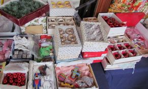 A large quantity of Christmas decorations including baubles, nativity scene, tinsel, figures,