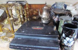 Brass candlesticks together with brass trivets, electroplated wares, Victorian hot water jugs,