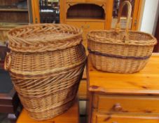 A wicker laundry basket together with a wicker basket