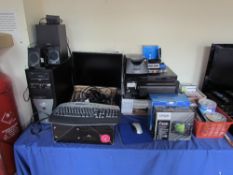 An Evesham computer tower together with a Dell Monitor, keyboard, mouse, printers, phototainer,