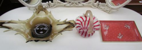 A red and white cotton twist decorated glass basket together with a glass bowl and a Carlton ware