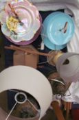 Rumney pottery lamps together with cake stands, windmill, a pair of chrome globe candlesticks,