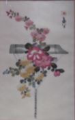 Five oriental silk prints of flowers together with other prints and a nautical map