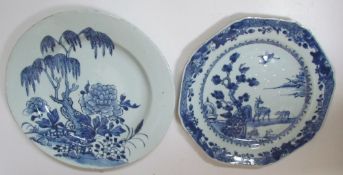 A 19th century Chinese porcelain plate decorated with a deer in a landscape together with another