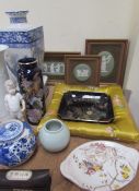 Various Wedgwood green jasper plaques together with blue and white pottery vase, Copenhagen figure,