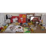 Assorted Snoopy memorabilia including mirrors, tee shirts, pillowcase, dolls, watch,