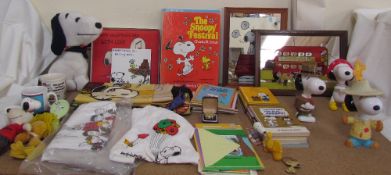 Assorted Snoopy memorabilia including mirrors, tee shirts, pillowcase, dolls, watch,