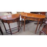 A 20th century walnut side table with a frieze drawer and reeded legs together with a D shaped side