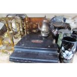 Brass candlesticks together with brass trivets, electroplated wares, Victorian hot water jugs,