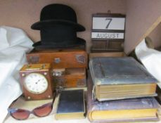 Two bowler hats together with an oak cigar box, a walnut cased clock, Date board,