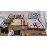 A Mahjong set together with assorted electroplated wares, opera glasses,