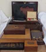 A rosewood laptop desk together with a tackling chess set, machlin money box, lacquer boxes,