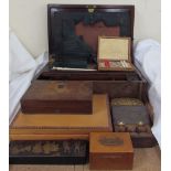 A rosewood laptop desk together with a tackling chess set, machlin money box, lacquer boxes,