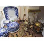 A flo blue part dinner set together with brass wares,