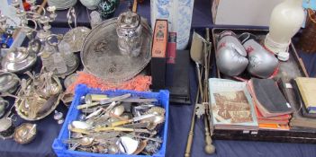 A pair of signed boxing gloves together with books, lacquered tray, brass fire irons,