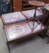 A mid-20th century tiled top coffee table together with a wine table