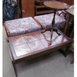 A mid-20th century tiled top coffee table together with a wine table