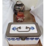 A WMF pottery and electroplated picnic container decorated with blue flowers, printed mark,