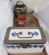 A WMF pottery and electroplated picnic container decorated with blue flowers, printed mark,