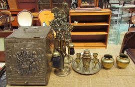 A brass coal box together with two sets of brass fire irons, a brass cocktail set,