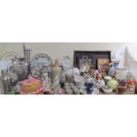 An aluminium lemon squeezer together with part tea set, pottery figures, preserve pots and covers,