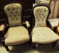 An Edwardian upholstered gentleman's chair with a carved fan back on turned legs together with a