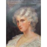 20th century British School Head and shoulders portrait of a lady Oil on canvas Initialled JE 38 x