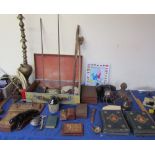 A brass Hookah pipe together with crown pin cushions, letter rack, pottery jaguar, ink blotters,