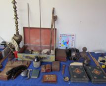 A brass Hookah pipe together with crown pin cushions, letter rack, pottery jaguar, ink blotters,