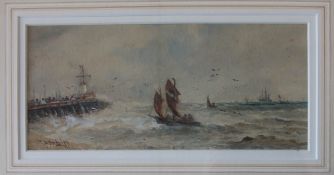 Thomas Bush Hardy Off Folkestone Harbour Watercolour Signed and dated 1891 11 x 25cm