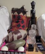Hardstone ovals together with a rug, African figure, glass decanters, lemon quartz crystal,