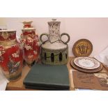 A west German pottery lamp, together with Japanese pottery vases, plates,