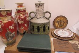 A west German pottery lamp, together with Japanese pottery vases, plates,