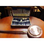 An electroplated cased part flatware service together with a copper bed warming pan
