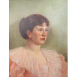 20th century British School Head and shoulders portrait of a lady in a pink dress Oil on canvas 50