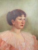 20th century British School Head and shoulders portrait of a lady in a pink dress Oil on canvas 50