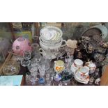 A large lot including drinking glasses, chamber pots and pink glass lamp shade,