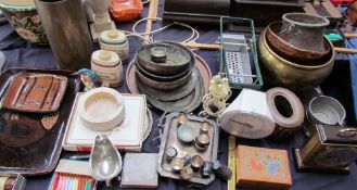 A studio pottery dish together with copper moulds, trench art,