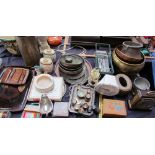 A studio pottery dish together with copper moulds, trench art,