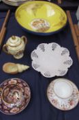 A Minton cockerel bowl together with a Coalport twin handled vase and cover, Worcester shell,